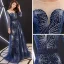 Gwiaździste Niebo Granatowe Przezroczyste Sukienki Wieczorowe 2019 Princessa Wycięciem 3/4 Rękawy Rhinestone Cekinami Tiulowe Trenem Sweep Wzburzyć Bez Pleców Sukienki Wizytowe