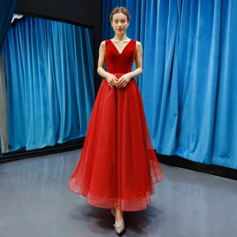 Classy Burgundy Suede Prom Dresses 2019 A Line Princess V Neck Sleeveless Heart Shaped Tulle Ankle Length Ruffle Backless Formal Dresses