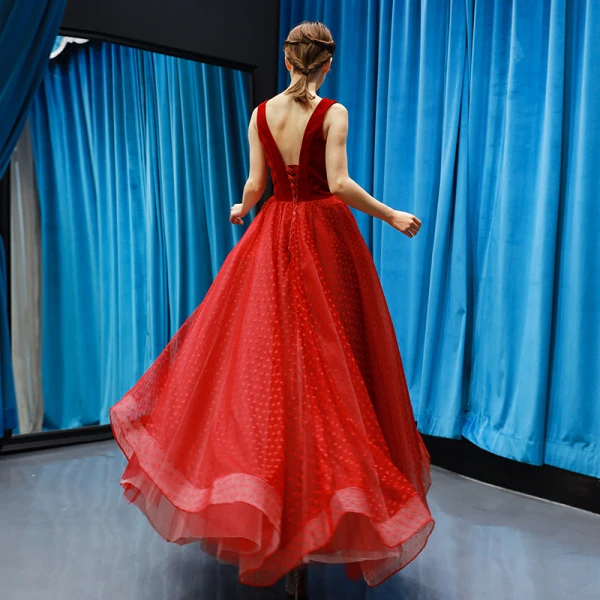Chic Bordeaux Daim Robe De Bal 2019 Princesse V-Cou Sans Manches Forme de coeur Tulle Longueur Cheville Volants Dos Nu Robe De Ceremonie