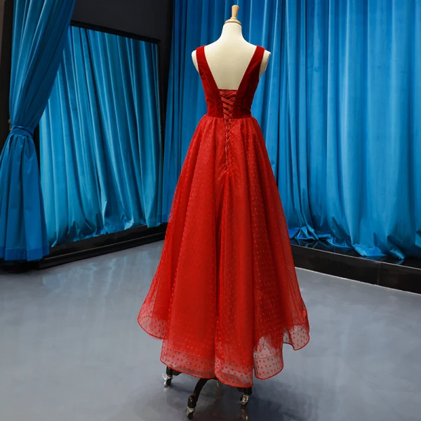 Chic Bordeaux Daim Robe De Bal 2019 Princesse V-Cou Sans Manches Forme de coeur Tulle Longueur Cheville Volants Dos Nu Robe De Ceremonie