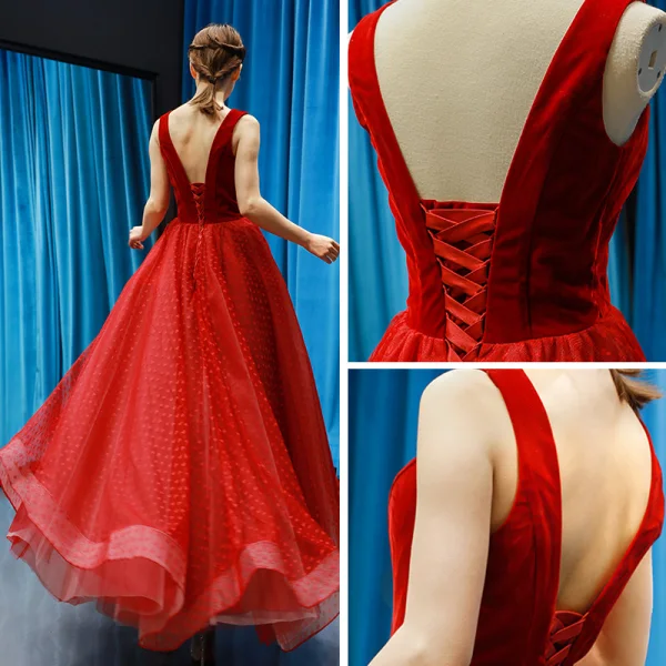 Chic Bordeaux Daim Robe De Bal 2019 Princesse V-Cou Sans Manches Forme de coeur Tulle Longueur Cheville Volants Dos Nu Robe De Ceremonie