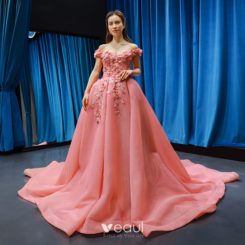 Fabulous Pearl Pink Prom Dresses 2019 Ball Gown Off-The-Shoulder Short ...