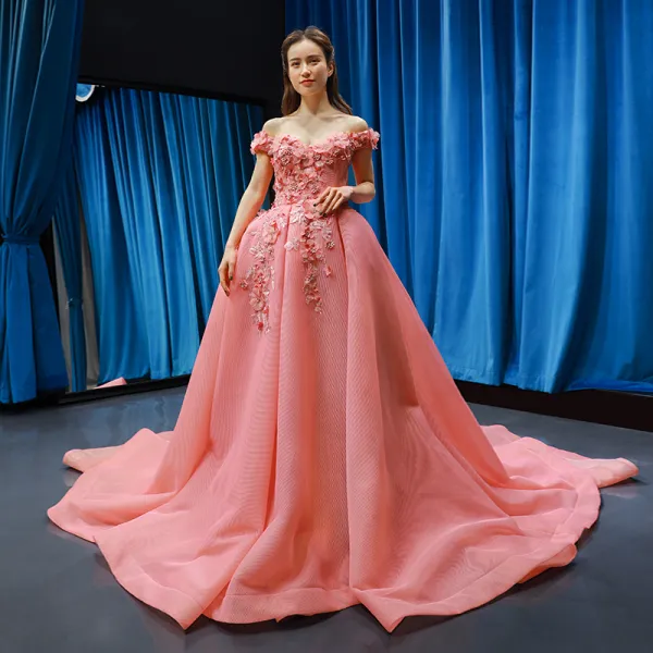 Fabulous Pearl Pink Prom Dresses 2019 Ball Gown Off-The-Shoulder Short Sleeve Appliques Flower Rhinestone Court Train Ruffle Backless Formal Dresses