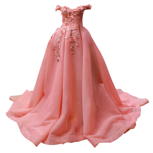 Fabulous Pearl Pink Prom Dresses 2019 Ball Gown Off-The-Shoulder Short Sleeve Appliques Flower Rhinestone Court Train Ruffle Backless Formal Dresses