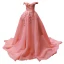 Fabulous Pearl Pink Prom Dresses 2019 Ball Gown Off-The-Shoulder Short Sleeve Appliques Flower Rhinestone Court Train Ruffle Backless Formal Dresses