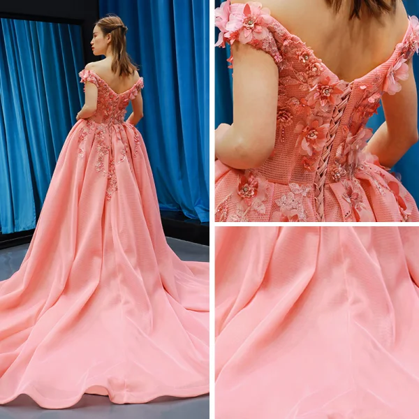 Fabulous Pearl Pink Prom Dresses 2019 Ball Gown Off-The-Shoulder Short Sleeve Appliques Flower Rhinestone Court Train Ruffle Backless Formal Dresses