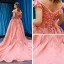 Fabulous Pearl Pink Prom Dresses 2019 Ball Gown Off-The-Shoulder Short Sleeve Appliques Flower Rhinestone Court Train Ruffle Backless Formal Dresses