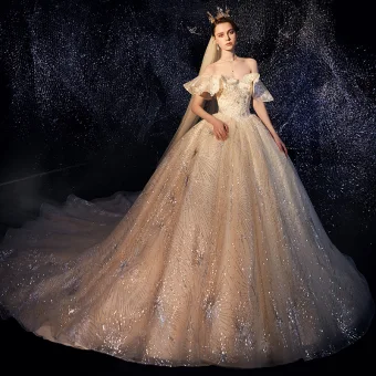Sparkly Champagne Wedding Dresses 2019 Ball Gown Off The Shoulder Short Sleeve Backless Glitter Sequins Cathedral Train Ruffle