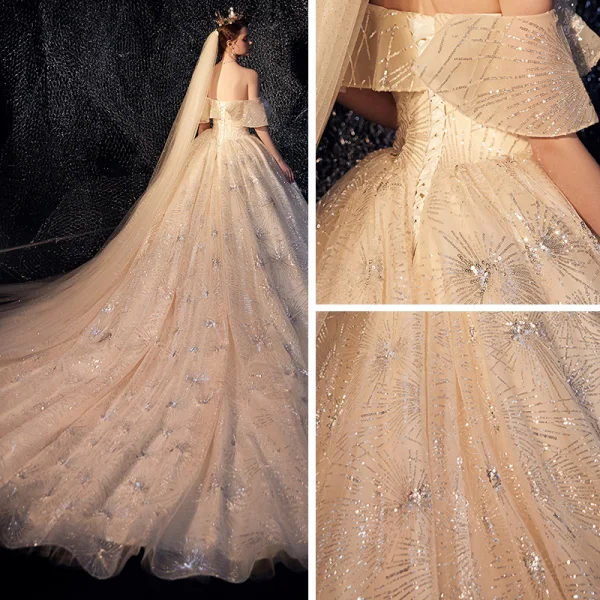 Scintillantes Champagne Robe De Mariée 2019 Robe Boule De l'épaule Manches Courtes Dos Nu Glitter Paillettes Cathedral Train Volants
