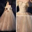 Scintillantes Champagne Robe De Mariée 2019 Robe Boule De l'épaule Manches Courtes Dos Nu Glitter Paillettes Cathedral Train Volants
