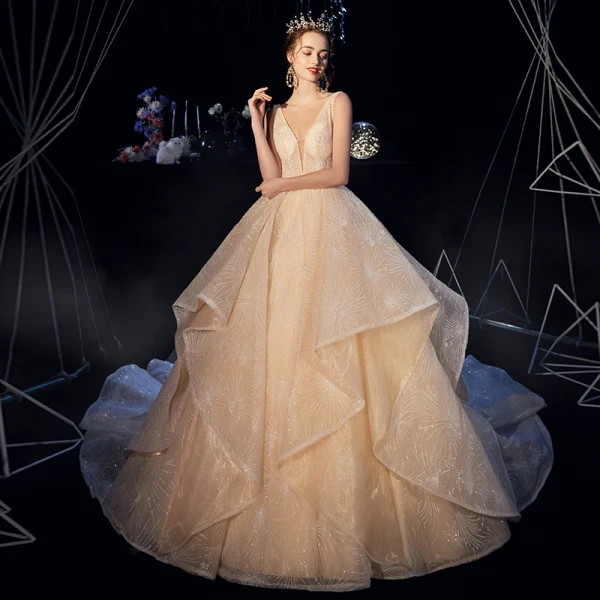 Luxury / Gorgeous Champagne Wedding Dresses 2019 A-Line / Princess Deep V-Neck Sleeveless Backless Beading Cathedral Train Cascading Ruffles