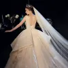 Luxury / Gorgeous Champagne Wedding Dresses 2019 A-Line / Princess Deep V-Neck Sleeveless Backless Beading Cathedral Train Cascading Ruffles
