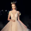 Luxury / Gorgeous Champagne Wedding Dresses 2019 A-Line / Princess Deep V-Neck Sleeveless Backless Beading Cathedral Train Cascading Ruffles
