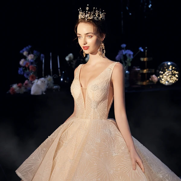 Luxury / Gorgeous Champagne Wedding Dresses 2019 A-Line / Princess Deep V-Neck Sleeveless Backless Beading Cathedral Train Cascading Ruffles