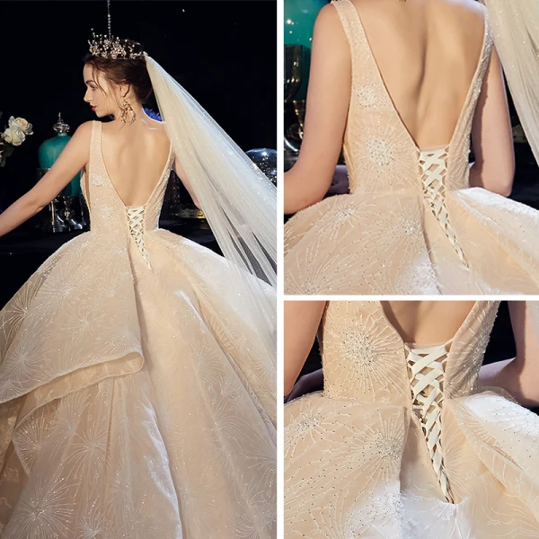 Luxury / Gorgeous Champagne Wedding Dresses 2019 A-Line / Princess Deep V-Neck Sleeveless Backless Beading Cathedral Train Cascading Ruffles