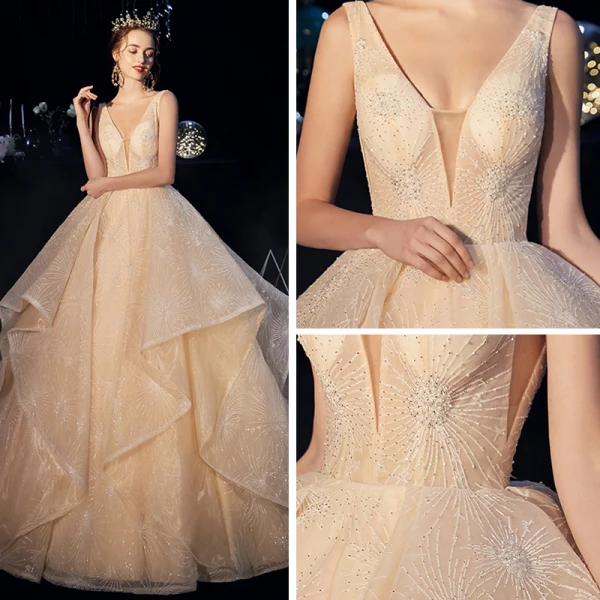 Luxury / Gorgeous Champagne Wedding Dresses 2019 A-Line / Princess Deep V-Neck Sleeveless Backless Beading Cathedral Train Cascading Ruffles