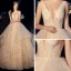 Luxury / Gorgeous Champagne Wedding Dresses 2019 A-Line / Princess Deep V-Neck Sleeveless Backless Beading Cathedral Train Cascading Ruffles