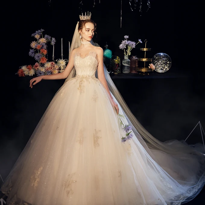 Elegant Champagne Brudekjoler 2019 Ballkjole Kjæreste Uten Ermer Ryggløse Beading Perle Appliques Blonder Glitter Tyll Cathedral Train Buste