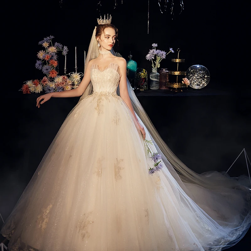 Elegant Champagne Brudekjoler 2019 Ballkjole Kjæreste Uten Ermer Ryggløse Beading Perle Appliques Blonder Glitter Tyll Cathedral Train Buste