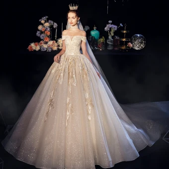 Bling Bling Champagne Wedding Dresses 2019 A Line Princess Off The Shoulder Short Sleeve Backless Appliques Lace Glitter Tulle Cathedral Train Ruffle