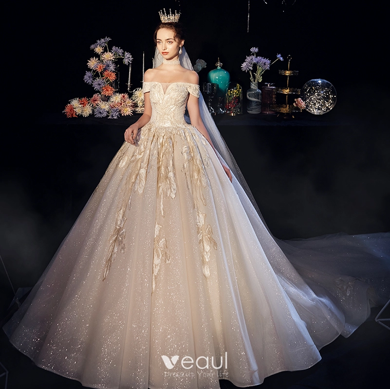 Bling Bling Champagne Wedding Dresses 2019 A-Line / Princess  Off-The-Shoulder Short Sleeve Backless Appliques Lace Glitter Tulle  Cathedral Train Ruffle