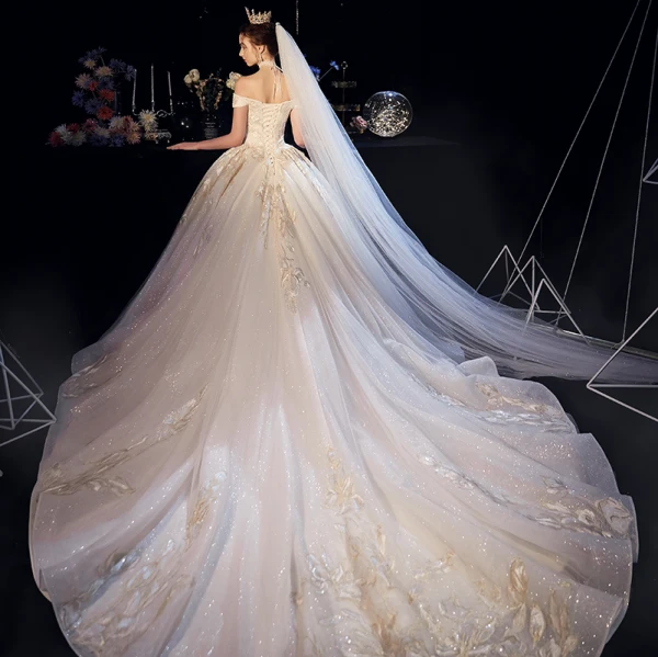 Bling Bling Champagne Robe De Mariée 2019 Princesse De l'épaule Manches Courtes Dos Nu Appliques En Dentelle Glitter Tulle Cathedral Train Volants