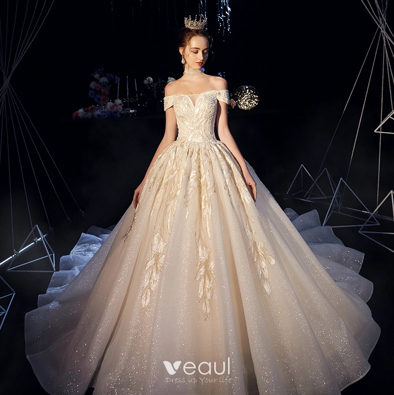 Bling Bling Champagne Wedding Dresses 2019 A-Line / Princess Off-The ...