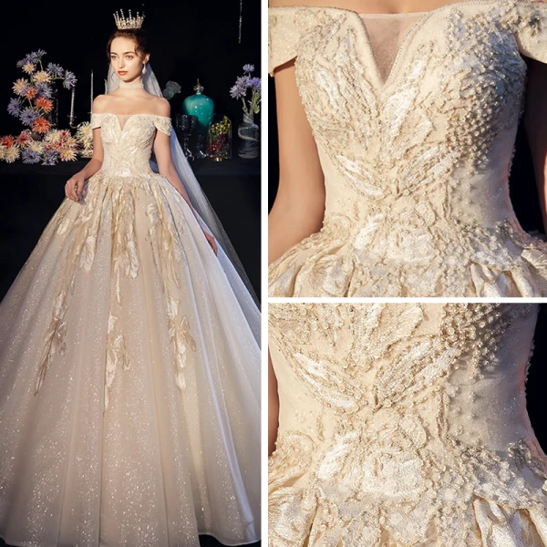 Bling Bling Champagne Robe De Mariée 2019 Princesse De l'épaule Manches Courtes Dos Nu Appliques En Dentelle Glitter Tulle Cathedral Train Volants