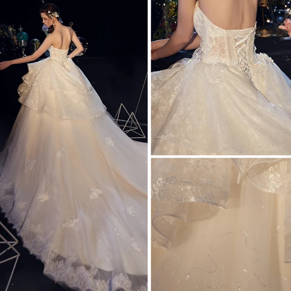 Elegant Elfenben Brudekjoler 2019 Ballkjole Kjæreste Uten Ermer Ryggløse Appliques Blonder Glitter Tyll Cathedral Train Buste