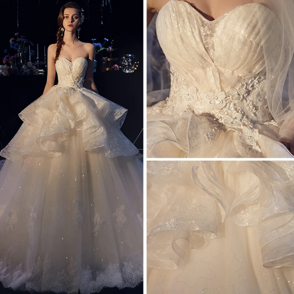 Elegant Elfenben Brudekjoler 2019 Ballkjole Kjæreste Uten Ermer Ryggløse Appliques Blonder Glitter Tyll Cathedral Train Buste