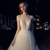 Best Champagne Outdoor / Garden Wedding Dresses 2019 A-Line / Princess Spaghetti Straps See-through Deep V-Neck Sleeveless Backless Appliques Lace Beading Pearl Glitter Tulle Sweep Train Ruffle
