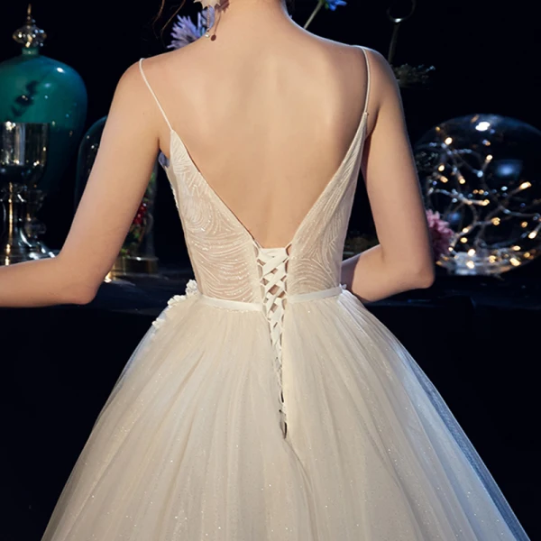 Meilleur Champagne Jardin / Extérieur Robe De Mariée 2019 Princesse Bretelles Spaghetti Transparentes Col v profond Sans Manches Dos Nu Appliques En Dentelle Perlage Perle Glitter Tulle Train De Balayage Volants