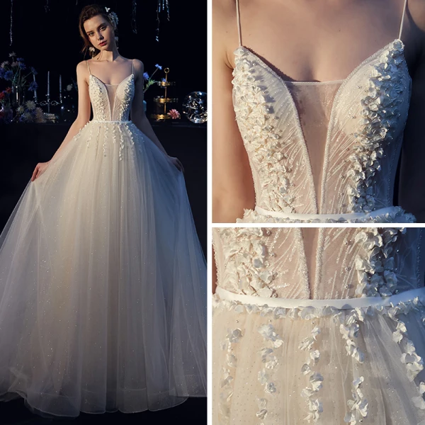 Meilleur Champagne Jardin / Extérieur Robe De Mariée 2019 Princesse Bretelles Spaghetti Transparentes Col v profond Sans Manches Dos Nu Appliques En Dentelle Perlage Perle Glitter Tulle Train De Balayage Volants