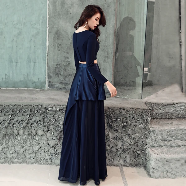 2 Piece Navy Blue Evening Dresses 2019 A-Line / Princess Scoop Neck Long Sleeve Floor-Length / Long Ruffle Formal Dresses 2 Piece Navy Blue Evening Dresses 2019 A-Line / Princess Scoop Neck Long Sleeve Floor-Length / Long Ruffle Formal Dresses