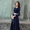 2 Piece Navy Blue Evening Dresses  2019 A-Line / Princess Scoop Neck Long Sleeve Floor-Length / Long Ruffle Formal Dresses