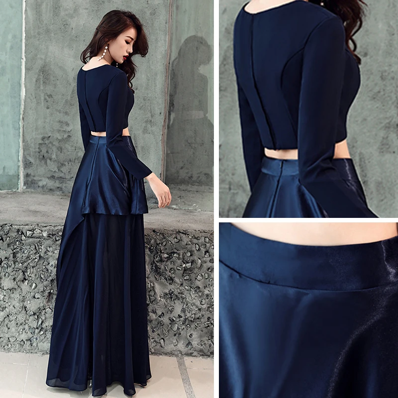 2 Piece Navy Blue Evening Dresses 2019 A Line Princess Scoop Neck Long  Sleeve Floor Length Long Ruffle Formal Dresses