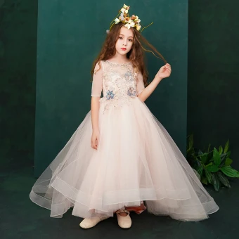Chic Beautiful Pearl Pink Flower Girl Dresses 2019 A Line Princess Scoop Neck 1 2 Sleeves Appliques Lace Beading Pearl Sweep Train Ruffle Wedding Party Dresses