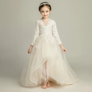 Chic Belle Champagne Robe Ceremonie Fille 2019 Princesse Transparentes V Cou Manches Longues Appliques En Dentelle Train De Balayage Volants Robe Pour Mariage