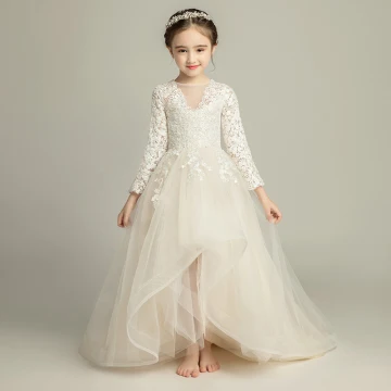 Chic Beautiful Champagne Flower Girl Dresses 2019 A Line Princess See Through V Neck Long Sleeve Appliques Lace Sweep Train Ruffle Wedding Party Dresses