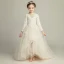 Chic / Beautiful Champagne Flower Girl Dresses 2019 A-Line / Princess See-through V-Neck Long Sleeve Appliques Lace Sweep Train Ruffle Wedding Party Dresses