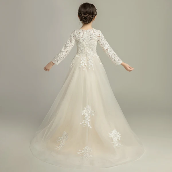 Chic / Beautiful Champagne Flower Girl Dresses 2019 A-Line / Princess See-through V-Neck Long Sleeve Appliques Lace Sweep Train Ruffle Wedding Party Dresses