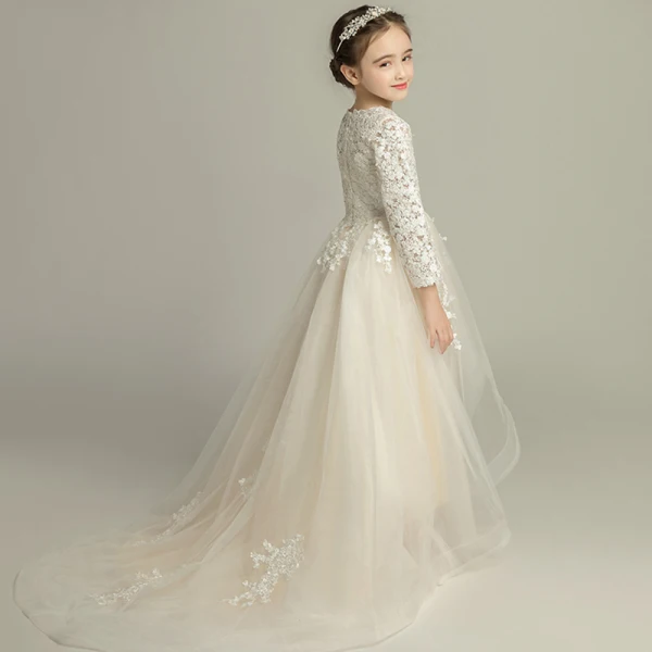 Chic / Beautiful Champagne Flower Girl Dresses 2019 A-Line / Princess See-through V-Neck Long Sleeve Appliques Lace Sweep Train Ruffle Wedding Party Dresses