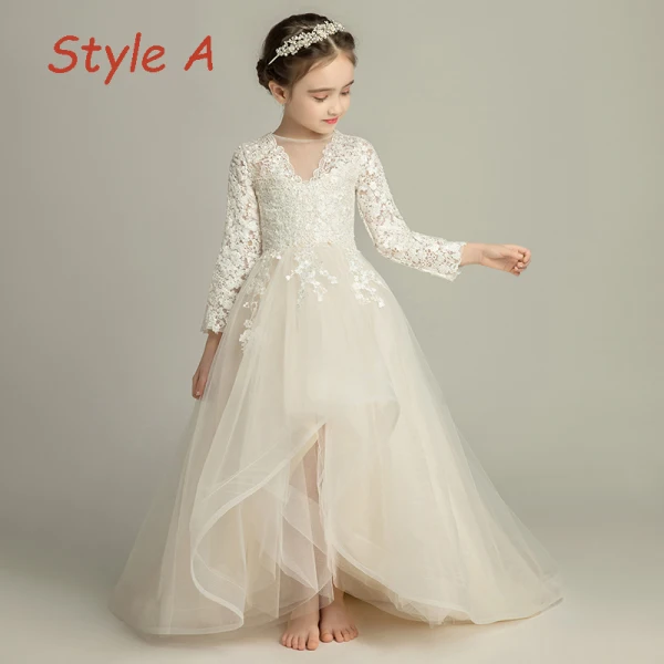 Chic / Beautiful Champagne Flower Girl Dresses 2019 A-Line / Princess See-through V-Neck Long Sleeve Appliques Lace Sweep Train Ruffle Wedding Party Dresses