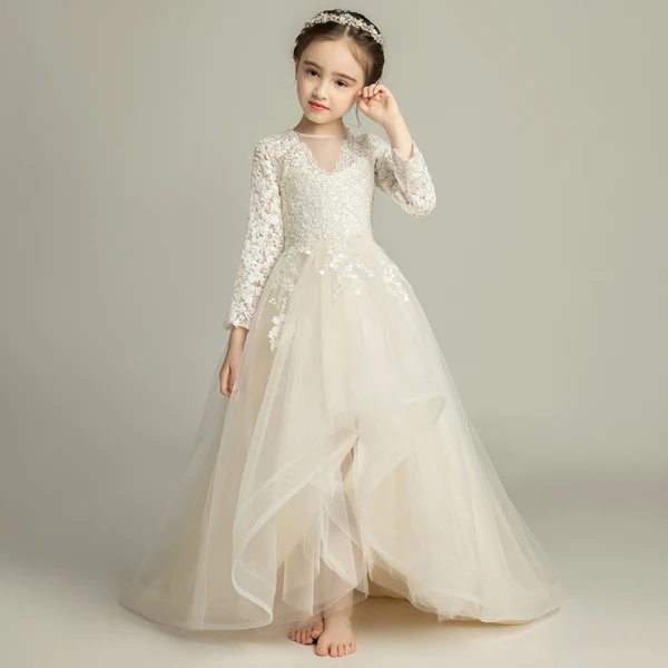 Chic / Beautiful Champagne Flower Girl Dresses 2019 A-Line / Princess See-through V-Neck Long Sleeve Appliques Lace Sweep Train Ruffle Wedding Party Dresses