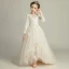 Chic / Beautiful Champagne Flower Girl Dresses 2019 A-Line / Princess See-through V-Neck Long Sleeve Appliques Lace Sweep Train Ruffle Wedding Party Dresses