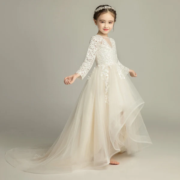 Chic / Beautiful Champagne Flower Girl Dresses 2019 A-Line / Princess See-through V-Neck Long Sleeve Appliques Lace Sweep Train Ruffle Wedding Party Dresses