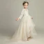Chic / Beautiful Champagne Flower Girl Dresses 2019 A-Line / Princess See-through V-Neck Long Sleeve Appliques Lace Sweep Train Ruffle Wedding Party Dresses