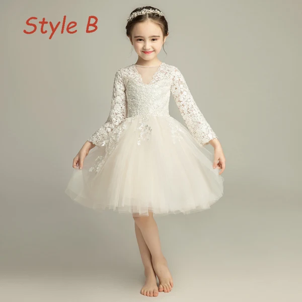 Chic / Beautiful Champagne Flower Girl Dresses 2019 A-Line / Princess See-through V-Neck Long Sleeve Appliques Lace Sweep Train Ruffle Wedding Party Dresses