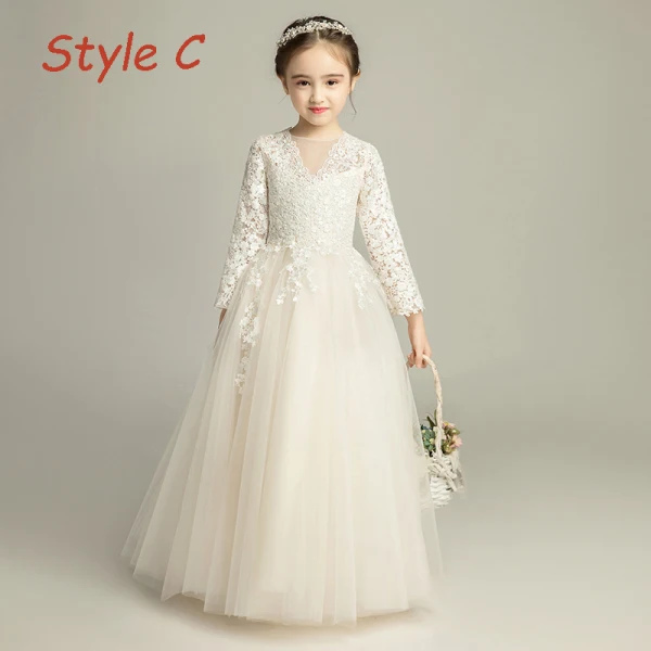 Chic / Beautiful Champagne Flower Girl Dresses 2019 A-Line / Princess See-through V-Neck Long Sleeve Appliques Lace Sweep Train Ruffle Wedding Party Dresses