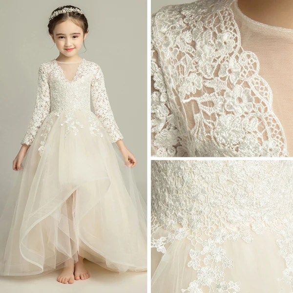 Chic / Beautiful Champagne Flower Girl Dresses 2019 A-Line / Princess See-through V-Neck Long Sleeve Appliques Lace Sweep Train Ruffle Wedding Party Dresses